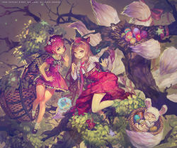 Rule 34 | 1boy, 2girls, ahri (league of legends), alternate costume, animal costume, animal ears, annie (league of legends), artist name, bare legs, basket, blue fire, bobby socks, bow, brown eyes, brown hair, rabbit costume, cottontail teemo, crab d, crown, dress, earrings, easter, easter egg, egg, facial mark, fake horns, fangs, fire, flipped hair, fox ears, fox tail, hair ornament, horns, in container, in tree, index finger raised, jewelry, league of legends, long hair, long sleeves, looking at viewer, mini crown, multiple girls, multiple tails, orb, pink dress, pink hair, pouch, red dress, shoes, short hair, short sleeves, slit pupils, smile, socks, star (symbol), star earrings, star hair ornament, tail, tassel, teemo, tongue, tongue out, traditional clothes, tree, whisker markings