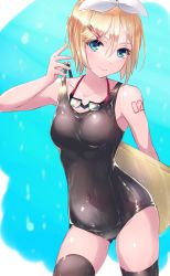 Rule 34 | 1girl, black one-piece swimsuit, black thighhighs, blonde hair, blue eyes, bow, breasts, clothes pull, collarbone, covered navel, cowboy shot, gluteal fold, goggles, goggles around neck, hair bow, hair ornament, hairclip, highres, kagamine rin, looking at viewer, medium breasts, one-piece swimsuit, one-piece swimsuit pull, saikuu, school swimsuit, solo, swimsuit, tattoo, thighhighs, vocaloid, wet, wet clothes, white bow