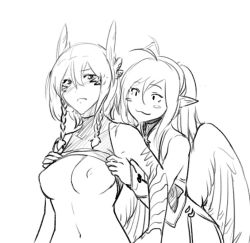 Rule 34 | 2girls, :3, ahoge, ahoge wag, angel, angel wings, animal hands, assisted exposure, bare shoulders, blush, blush stickers, braid, breasts, breasts apart, caramel (less), clothes lift, collarbone, commentary, expressive hair, feathers, from behind, greyscale, griffon (monster girl encyclopedia), hair between eyes, haohi (less), less, long hair, looking at viewer, medium breasts, monochrome, monster girl encyclopedia, multiple girls, navel, nipples, no bra, original, pointy ears, ponytail, shirt lift, short hair, skin tight, sleeveless, stomach, symbol-only commentary, tight clothes, twin braids, upper body, white background, wings, wrist cuffs, yuri