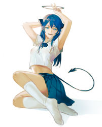 Rule 34 | 1girl, alternate costume, arknights, armpits, arms up, blue bow, blue bowtie, blue eyes, blue hair, blue skirt, bow, bowtie, collared shirt, commentary, covered erect nipples, crop top, crop top overhang, cropped shirt, demon horns, demon tail, english commentary, full body, halo, highres, horns, kupikuuu, long hair, looking at viewer, midriff, miniskirt, mostima (arknights), no bra, open mouth, pleated skirt, shirt, short sleeves, simple background, sitting, skirt, smile, socks, solo, tail, thighs, white background, white shirt, white socks, wing collar