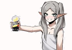 Rule 34 | 1girl, ai-assisted, alcohol, bags under eyes, bare shoulders, black eyeliner, black eyeshadow, breasts, can, commentary request, dress, drink, drunk, elf, eyelashes, eyeliner, eyeshadow, frieren, green eyes, grey hair, highres, holding, holding can, long hair, makeup, meme, nagainegi, parted bangs, pointy ears, saliva, simple background, small breasts, smile, solo, sousou no frieren, strong zero, trembling, twintails, white background, white dress, white hair, you can just give this kind of thing to men and they will be thrilled (meme)