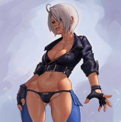 Rule 34 | 1girl, absurdres, angel (kof), backless pants, blue eyes, breasts, chaps, commentary, cropped jacket, ehkcaio, english commentary, fingerless gloves, gloves, hair over one eye, highres, jacket, large breasts, leather, leather jacket, looking at viewer, pants, snk, standing, the king of fighters, the king of fighters xiv, toned, underwear