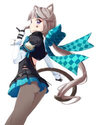 Rule 34 | 1girl, animal ears, aqua bow, black gloves, black pantyhose, blonde hair, blunt bangs, bow, cat ears, cat girl, cat tail, checkered bow, checkered clothes, commentary request, facial mark, facial tattoo, feet out of frame, frilled leotard, frills, from side, genshin impact, gloves, haru (konomi 150), highres, huge bow, leotard, long hair, long sleeves, looking at viewer, looking back, lynette (genshin impact), pantyhose, purple eyes, simple background, solo, standing, star (symbol), star facial mark, star tattoo, tail, tattoo, two-tone gloves, very long hair, white background, white gloves