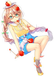 Rule 34 | 1girl, :3, :t, :x, ankle ribbon, apple, apple rabbit, apple slice, arm support, asymmetrical bangs, bitten apple, blonde hair, blouse, blush, braid, chewing, collar, courreges ace, eating, fingerless gloves, food, food-themed hair ornament, food art, food bite, fork, fruit, full body, glasses, gloves, green eyes, hair bobbles, hair ornament, hair ribbon, hairclip, high heels, holding, leg ribbon, long hair, looking at viewer, object on head, original, paintbrush, plate, rabbit, red-framed eyewear, ribbon, shirt, shoes, shorts, simple background, sitting, sleeveless, sleeveless shirt, smile, solo, stuffed animal, stuffed toy, very long hair, white background