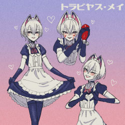 Rule 34 | 1boy, apron, blue thighhighs, blush, byackopath, byackopath (artist), dress, elbow gloves, food, food on face, frilled apron, frills, gloves, grin, hair between eyes, heart, heart hands, ketchup, ketchup bottle, maid, maid apron, maid headdress, male focus, one eye closed, original, red eyes, smile, solo, thighhighs, trap, white apron, white hair