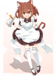 Rule 34 | 10s, 1girl, :d, alternate costume, animal ears, apron, blush, brown eyes, brown hair, cat ears, cat tail, enmaided, fang, full body, hair ornament, hairclip, highres, ikazuchi (kancolle), kantai collection, kemonomimi mode, looking at viewer, maid, maid apron, mary janes, open mouth, rateratte, shoes, short hair, simple background, skirt, smile, solo, tail, teapot, thighhighs, white thighhighs, wrist cuffs, zettai ryouiki