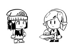 Rule 34 | 1boy, 1girl, artist request, beanie, boots, chibi, creatures (company), crossover, dawn (pokemon), game freak, greyscale, hair ornament, hairclip, hat, holding, holding sword, holding weapon, link, long sleeves, monochrome, nintendo, over-kneehighs, pointy ears, pokemon, pokemon bdsp, pokemon dppt, scarf, shield, shirt, simple background, sleeveless, sleeveless shirt, smile, sword, the legend of zelda, the legend of zelda: link&#039;s awakening, thighhighs, trait connection, weapon, white background, winter clothes