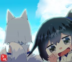 Rule 34 | 2girls, :d, animal ears, azur lane, black eyes, black hair, blue sky, blush, cloud, cloudy sky, commentary request, crossover, detached sleeves, fox ears, fox girl, fox tail, from behind, hair between eyes, historical name connection, japanese clothes, kaga (battleship) (azur lane), kaga (kancolle), kantai collection, kitsune, kyuubi, long hair, long sleeves, looking at viewer, multiple girls, multiple tails, name connection, open mouth, short hair, side ponytail, sidelocks, signature, sky, smile, tail, taisa (kari), tasuki, waving, white hair, wide sleeves