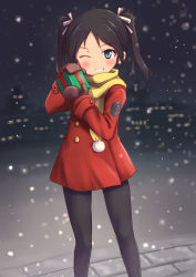 Rule 34 | 1girl, ;), a9b (louis814), absurdres, aqua eyes, black hair, black pantyhose, blush, francesca lucchini, gift, grin, hair ribbon, highres, long hair, one eye closed, pantyhose, ribbon, scarf, smile, snowing, solo, strike witches, twintails, winter clothes, world witches series