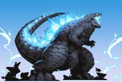 Rule 34 | blue background, blue eyes, chibi, claws, crossover, dinosaur, electricity, energy, giant, giant monster, glowing, glowing eyes, glowing mouth, glowing spikes, godzilla, godzilla (series), godzilla x kong: the new empire, highres, kaijuu, king kong (series), legendary pictures, monster, monsterverse, no humans, onion maru, open mouth, roaring, shadow, sharp teeth, spikes, tail, teeth, toho, tongue, two-tone background, white background