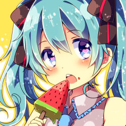Rule 34 | 1girl, aqua hair, blue eyes, blush, eating, food, food on face, hair ribbon, hatsune miku, heart, heart-shaped pupils, necktie, open mouth, popsicle, ribbon, solo, symbol-shaped pupils, twintails, urara (sumairuclover), vocaloid, watermelon bar