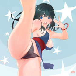 Rule 34 | 1girl, ass, bare shoulders, black hair, blue eyes, blush, bracelet, breasts, cameltoe, chi-chi (dragon ball), cleavage, cleft of venus, covered erect nipples, dragon ball, earrings, female focus, female pubic hair, full-face blush, jewelry, kicking, large breasts, leg up, long hair, looking at viewer, necklace, open mouth, pink crown, pubic hair, pubic hair peek, pussy juice, pussy juice stain, redesign, sideboob, sleeveless, solo, spread legs, teeth