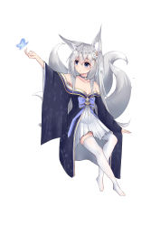 Rule 34 | 1girl, :o, absurdres, aged down, animal, animal ear fluff, animal ears, arm up, azur lane, bare shoulders, black choker, black kimono, blue eyes, bug, butterfly, choker, collarbone, dress, fox ears, fox girl, fox tail, full body, hair between eyes, hair ornament, highres, insect, japanese clothes, kimono, kitsune, long hair, long sleeves, looking away, looking to the side, nagato-chan, no shoes, parted lips, pleated dress, shinano (azur lane), silver hair, simple background, solo, tail, thighhighs, very long hair, white background, white dress, white thighhighs, wide sleeves
