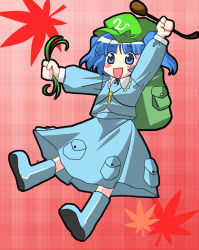 Rule 34 | 1girl, arms up, backpack, bag, blue dress, blue eyes, blue hair, dress, female focus, hair bobbles, hair ornament, hat, kawashiro nitori, key, leaf, lowres, matching hair/eyes, non-web source, pocket, red background, short hair, smile, solo, touhou, two side up