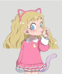 Rule 34 | 1girl, animal ears, blonde hair, blue eyes, blunt ends, cat ears, cat tail, child, fake animal ears, female focus, freckles, frilled skirt, frills, grey background, layered skirt, licking, licking hand, long hair, looking at viewer, original, simple background, skirt, sleeves past wrists, smile, solo, tail, tareme, tongue, tongue out, wavy hair, yokappa (jokappa)
