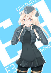 Rule 34 | 10s, 1girl, absurdres, blonde hair, blue eyes, commentary, covered navel, cropped jacket, essa sazhka, finger to cheek, garrison cap, gloves, hair between eyes, hair ornament, hat, highres, kantai collection, long hair, long sleeves, looking at viewer, military, military uniform, puffy long sleeves, puffy sleeves, smile, solo, teeth, thighhighs, u-511 (kancolle), uniform, zipper