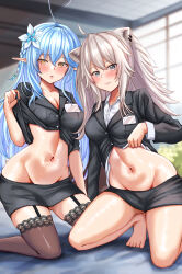Rule 34 | 1girl, 2girls, ahoge, animal ears, barefoot, black jacket, black skirt, black thighhighs, blue hair, blush, breasts, cleavage, closed mouth, clothes lift, colored tips, ear piercing, elf, flower, garter straps, grey eyes, grey hair, hair between eyes, hair flower, hair ornament, highres, hololive, jacket, kneeling, lace, lace-trimmed legwear, lace trim, large breasts, lifted by self, lion ears, lion girl, long hair, looking at viewer, messy hair, multicolored hair, multiple girls, navel, nootomo, open mouth, piercing, pointy ears, shirt, shishiro botan, skirt, smile, snowflake hair ornament, streaked hair, thighhighs, virtual youtuber, white shirt, yellow eyes, yukihana lamy