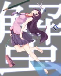 Rule 34 | 1girl, arched back, artist request, bakemonogatari, bare arms, bare legs, barefoot, blood drop, blue necktie, blue skirt, blurry, breasts, character name, collar, collarbone, collared shirt, commentary request, depth of field, eraser, feet, floating, floating hair, full body, grey background, head tilt, highres, kanji, kouren go, long hair, looking at viewer, looking to the side, medium breasts, monogatari (series), necktie, pencil, pink shirt, pleated skirt, purple hair, red collar, ruler, school uniform, scissors, senjougahara hitagi, shirt, short sleeves, sidelocks, skirt, sleeves rolled up, soles, solo, stapler, stationery, swept bangs, toes, translation request