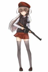 Rule 34 | 1girl, armband, beret, brown hair, female focus, full body, gun, hammer and sickle, hat, highres, holding, holding weapon, integral suppressor, integrally-suppressed firearm, long hair, long sleeves, looking at viewer, original, rifle, simple background, skirt, smile, sniper rifle, solo, suppressor, thighhighs, toz (tulsky oruzheiny zavod), trigger discipline, tsniitochmash, tula arms plant, vest, vss vintorez, weapon, white background, yakob labo