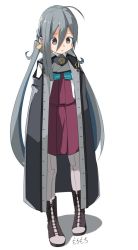 Rule 34 | 1girl, ahoge, boots, bow, bowtie, cape, commentary request, cosplay, cross-laced footwear, full body, grey eyes, grey hair, grey pantyhose, hair between eyes, hair bun, halterneck, kantai collection, kiyoshimo (kancolle), lace-up boots, long hair, looking down, low twintails, moti coi, musashi (kancolle), musashi (kancolle) (cosplay), musashi kai ni (kancolle), one-hour drawing challenge, pantyhose, school uniform, shirt, single hair bun, solo, standing, twintails, very long hair, white shirt