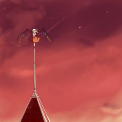 Rule 34 | 1girl, bad id, bad pixiv id, blouse, cloud, collared shirt, female focus, flandre scarlet, hat, highres, mixer (pixiv), mob cap, night, outdoors, red sky, red theme, rooftop, shirt, sky, solo, standing, steeple, touhou, white hat, white shirt
