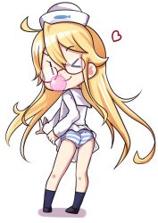 Rule 34 | &gt; o, 1girl, ahoge, ass, black socks, blonde hair, blowing bubbles, chewing gum, fairy (kancolle), freckles, glasses, heart, highres, kantai collection, kneehighs, long hair, long sleeves, nassukun, one eye closed, panties, red-framed eyewear, sailor collar, shirt, simple background, smile, socks, solo, standing, striped clothes, striped panties, underwear, white background, white headwear