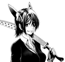 Rule 34 | 1girl, an&#039;no natsume, breasts, cardigan, checkered necktie, eyebrows hidden by hair, eyepatch, fingerless gloves, gloves, greyscale, headgear, kantai collection, large breasts, medium hair, monochrome, necktie, solo, sword, tenryuu (kancolle), upper body, weapon