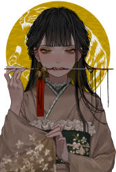 Rule 34 | 1girl, absurdres, arrow (projectile), arrow in mouth, bell, black hair, blush, brown eyes, brown hair, brown kimono, colored inner hair, commentary request, fangs, floral print, hand up, highres, japanese clothes, jingle bell, kimono, lips, long hair, long sleeves, looking at viewer, mouth hold, multicolored hair, obi, original, sash, simple background, solo, tayumeru, upper body