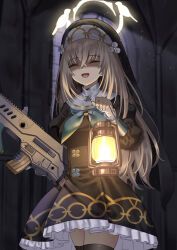 Rule 34 | 1girl, black headwear, black thighhighs, blue archive, breasts, closed eyes, coif, commission, cowboy shot, false smile, grey hair, gun, habit, hair between eyes, halo, highres, holding, holding gun, holding lantern, holding weapon, ine (ineinnen), juliet sleeves, lantern, large breasts, long hair, long sleeves, nun, open mouth, pixiv commission, puffy sleeves, sakurako (blue archive), shaded face, smile, solo, thighhighs, weapon, yellow halo