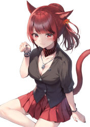 Rule 34 | 1girl, animal ears, black nails, black shirt, blush, breasts, cat ears, cat girl, cat tail, cleavage, closed mouth, collarbone, collared shirt, commentary, dress shirt, ear piercing, facial mark, feet out of frame, final fantasy, final fantasy xiv, hand up, looking at viewer, medium breasts, midorikawa you, miqo&#039;te, nail polish, paw pose, piercing, pleated skirt, ponytail, red eyes, red hair, red skirt, shirt, simple background, sitting, skirt, smile, solo, symbol-only commentary, tail, warrior of light (ff14), whisker markings, white background