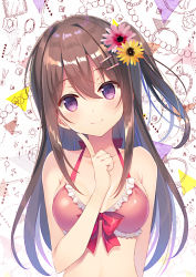 Rule 34 | 1girl, bare shoulders, bikini, blush, bow, bow bikini, breasts, brown hair, closed mouth, collarbone, commentary request, fingernails, flower, frilled bikini, frills, hair between eyes, hair flower, hair ornament, hairclip, halterneck, head tilt, index finger raised, long hair, medium breasts, one side up, original, purple eyes, red bikini, red bow, red flower, smile, solo, swimsuit, takei ooki, upper body, very long hair, yellow flower