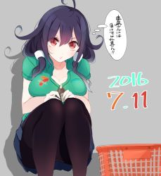 Rule 34 | 10s, 1girl, 2016, 7-eleven, ahoge, alternate costume, breasts, commentary request, dated, hair flaps, highres, kantai collection, large breasts, long hair, looking at viewer, low twintails, panties, panties under pantyhose, pantyhose, purple hair, red eyes, short hair, solo, taigei (kancolle), tebi (tbd11), thighhighs, twintails, underwear