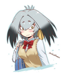 Rule 34 | 10s, 1girl, alternate costume, bag, blush, bow, bowtie, commentary request, contemporary, cropped torso, green eyes, grey hair, hair between eyes, hashimoto kurara, head wings, kemono friends, long sleeves, looking away, low ponytail, red bow, red bowtie, school uniform, shirt, shoebill (kemono friends), short hair, side ponytail, simple background, solo, sweatdrop, twitter username, upper body, vest, wavy mouth, white background, white shirt, wings