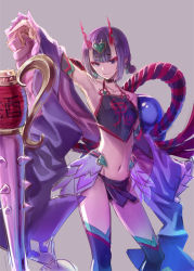 Rule 34 | 1girl, armpits, bare shoulders, chinese clothes, dudou, eyeliner, fate/grand order, fate (series), gourd, hair ornament, horns, looking at viewer, makeup, navel, oni, oukawa yuu, pointy ears, purple eyes, purple hair, short hair, shuten douji (fate), shuten douji (halloween caster) (fate), sketch, smile, solo, thighhighs