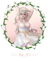 Rule 34 | 1girl, 9a-91 (girls&#039; frontline), absurdres, alternate costume, armpits, arms behind head, blue eyes, blush, breasts, character name, cleavage, dress, feet out of frame, flower, flower braid, girls&#039; frontline, hair flower, hair ornament, hairclip, highres, long hair, looking at viewer, medium breasts, open mouth, paaam, platinum blonde hair, silver hair, solo, standing, white background, white dress, you gonna get raped