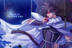 Rule 34 | 1boy, armor, bakusou k, black hair, blurry, cape, character name, dated, dragon ball, dragonball z, food, fruit, male focus, monkey tail, night, scouter, shoulder pads, solo, tullece, upper body, vambraces