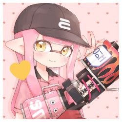 Rule 34 | 1girl, baseball cap, blunt bangs, collared shirt, commentary, eyebrows visible through hat, fang, fingerless gloves, gloves, hat, heart, heart background, highres, holding, holding weapon, inkling, inkling (language), inkling girl, inkling player character, logo, long hair, looking at viewer, mask, nintendo, pink background, pink hair, pioxpioo, pointy ears, print headwear, range blaster (splatoon), red gloves, red shirt, see-through, shirt, short sleeves, single glove, skin fang, solo, tentacle hair, trigger discipline, upper body, weapon, yellow eyes