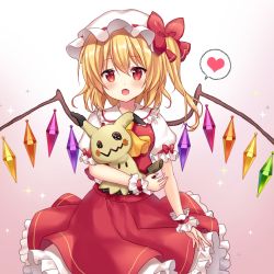 Rule 34 | 1girl, arm at side, arm up, ascot, bad id, bad pixiv id, blonde hair, blush, commentary request, creatures (company), crossover, crystal, fang, flandre scarlet, game freak, gen 7 pokemon, gradient background, hair between eyes, hat, hat ribbon, heart, holding, holding pokemon, looking at viewer, mayo (miyusa), mimikyu, mob cap, nintendo, open mouth, petticoat, pokemon, pokemon (creature), puffy short sleeves, puffy sleeves, purple background, red eyes, red skirt, red vest, ribbon, shirt, short hair, short sleeves, side ponytail, skirt, sparkle, speech bubble, spoken heart, standing, touhou, vest, white headwear, white shirt, wings, wrist cuffs, yellow ascot