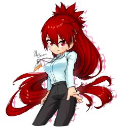 Rule 34 | 1girl, black pants, closed mouth, collared shirt, dated, drop shadow, elesis (elsword), elsword, feet out of frame, highres, hoae, long hair, long sleeves, name tag, no nose, pants, red eyes, shirt, signature, simple background, smile, solo, very long hair, white background, white shirt