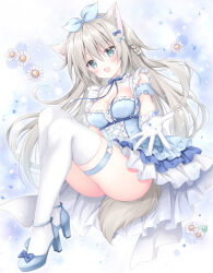 Rule 34 | 1girl, :d, animal ear fluff, animal ears, ass, blue bow, blue dress, blue footwear, blue ribbon, blue sleeves, blush, bow, breasts, brown hair, cleavage, commentary request, detached sleeves, dress, flower, frilled dress, frills, full body, gloves, green eyes, hair between eyes, hair bow, hair ribbon, high heels, highres, korie riko, long hair, medium breasts, open mouth, original, outstretched arm, puffy short sleeves, puffy sleeves, ribbon, shoes, short sleeves, smile, solo, tail, very long hair, white flower, white gloves
