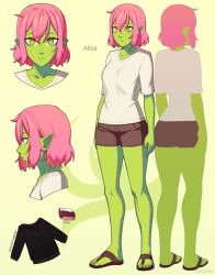 Rule 34 | 1girl, alisa (razalor), artist name, brown shorts, character name, colored skin, commentary, english commentary, english text, fangs, full body, green eyes, green skin, hair between eyes, looking at viewer, multiple views, original, parted lips, pink hair, pointy ears, profile, razalor, shirt, short hair, short shorts, shorts, simple background, slippers, teeth, white shirt, yellow background