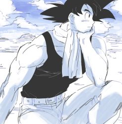 Rule 34 | 1boy, bare arms, bare shoulders, belt, black eyes, black hair, black shirt, cloud, cloudy sky, dragon ball, dragonball z, elbow rest, expressionless, hand rest, head rest, kuuta (extra414), looking away, male focus, monochrome, outdoors, outstretched arm, pants, profile, scarf, shaded face, shirt, short hair, sky, sleeveless, sleeveless shirt, solo, son goku, spiked hair, upper body