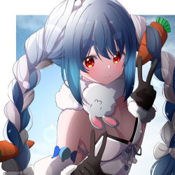 Rule 34 | 1girl, absurdres, ame., animal ear fluff, animal ears, bare shoulders, black gloves, blue hair, blue sky, braid, breasts, carrot hair ornament, cleavage, closed mouth, cloud, commentary, day, detached sleeves, don-chan (usada pekora), double v, dress, food-themed hair ornament, fur-trimmed gloves, fur trim, gloves, hair between eyes, hair ornament, hand up, highres, hololive, looking at viewer, medium breasts, multicolored hair, puffy short sleeves, puffy sleeves, rabbit-shaped pupils, rabbit ears, red eyes, short eyebrows, short sleeves, sky, smile, solo, strapless, strapless dress, symbol-only commentary, symbol-shaped pupils, thick eyebrows, twin braids, twintails, two-tone hair, usada pekora, usada pekora (1st costume), v, virtual youtuber, white dress, white hair, white sleeves