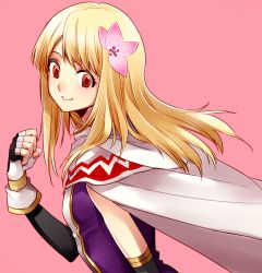Rule 34 | 1girl, arm warmers, blonde hair, breasts, cape, clenched hand, closed mouth, dress, fina (ffbe), final fantasy, final fantasy brave exvius, fingerless gloves, flower, from side, gloves, hair flower, hair ornament, medium hair, pink background, purple dress, red eyes, small breasts, smile, solo, tarutaru yamaoka, upper body, white cape
