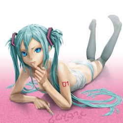Rule 34 | 1girl, absurdres, aqua hair, blue eyes, downblouse, face, feet, foreshortening, hatsune miku, highres, lips, long hair, lying, on stomach, panties, pi (pppppchang), smile, striped clothes, striped panties, thighhighs, twintails, underwear, very long hair, vocaloid