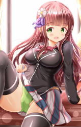 Rule 34 | 1girl, arm support, backlighting, black jacket, black thighhighs, blazer, blurry, blurry background, blush, bow, breasts, brown hair, cameltoe, clothes lift, collared shirt, commentary request, day, depth of field, flower, gochuumon wa usagi desu ka?, green eyes, green panties, hair flower, hair ornament, hair ribbon, highres, indoors, jacket, knee up, large breasts, lifting own clothes, long hair, long sleeves, looking at viewer, panties, purple ribbon, red bow, ribbon, school uniform, shirt, skirt, skirt lift, sleeves past wrists, solo, sunlight, sweater vest, thighhighs, ujimatsu chiya, underwear, very long hair, white flower, white shirt, window, xenon (for achieve)