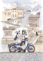 Rule 34 | 2girls, animal, black cat, black hair, black pants, blue scarf, building, cat, cityscape, copyright request, dress, frilled dress, frills, hat, helmet, hi fumiyo, highres, holding, holding helmet, long hair, looking at another, motor vehicle, motorcycle, motorcycle helmet, multiple girls, pants, scarf, short hair, signature, stairs, sun hat, sundress