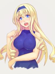 Rule 34 | 1girl, :d, bare arms, bare shoulders, blonde hair, blue dress, blue eyes, blush, breasts, cecilia alcott, cropped torso, dress, drill hair, grey background, hair between eyes, hairband, impossible clothes, infinite stratos, large breasts, long hair, looking at viewer, open mouth, simple background, smile, solo, upper body, yuuji (and)