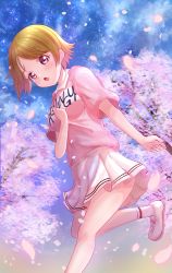 Rule 34 | 1girl, absurdres, artist name, artist request, bare legs, blue sky, blush, branch, breasts, brown hair, clothes writing, cloud, cross-laced footwear, day, female focus, hair between eyes, highres, koizumi hanayo, layered skirt, looking at viewer, love live!, love live! school idol project, medium breasts, miniskirt, nail, nail polish, outdoors, parted lips, petals, pink nails, pink nails, pink petals, pink shirt, plaid, plaid skirt, pleated, pleated skirt, purple eyes, shirt, short hair, short sleeves, skirt, sky, smile, solo, standing, standing on one leg, tree, white footwear, white skirt