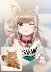 Rule 34 | 1girl, 40hara, animal collar, animal ear fluff, animal ears, aqua eyes, blonde hair, blunt bangs, blush, cat ears, cat tail, clothes writing, collar, fangs, highres, kinako (40hara), long hair, lying, on stomach, one eye closed, original, oversized clothes, oversized shirt, photo-referenced, photo inset, print shirt, red collar, reference inset, shirt, solo, t-shirt, tail, white shirt